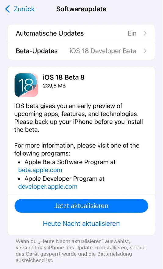 连州苹果手机维修分享苹果 iOS / iPadOS 18 开发者预览版 Beta 8 发布 